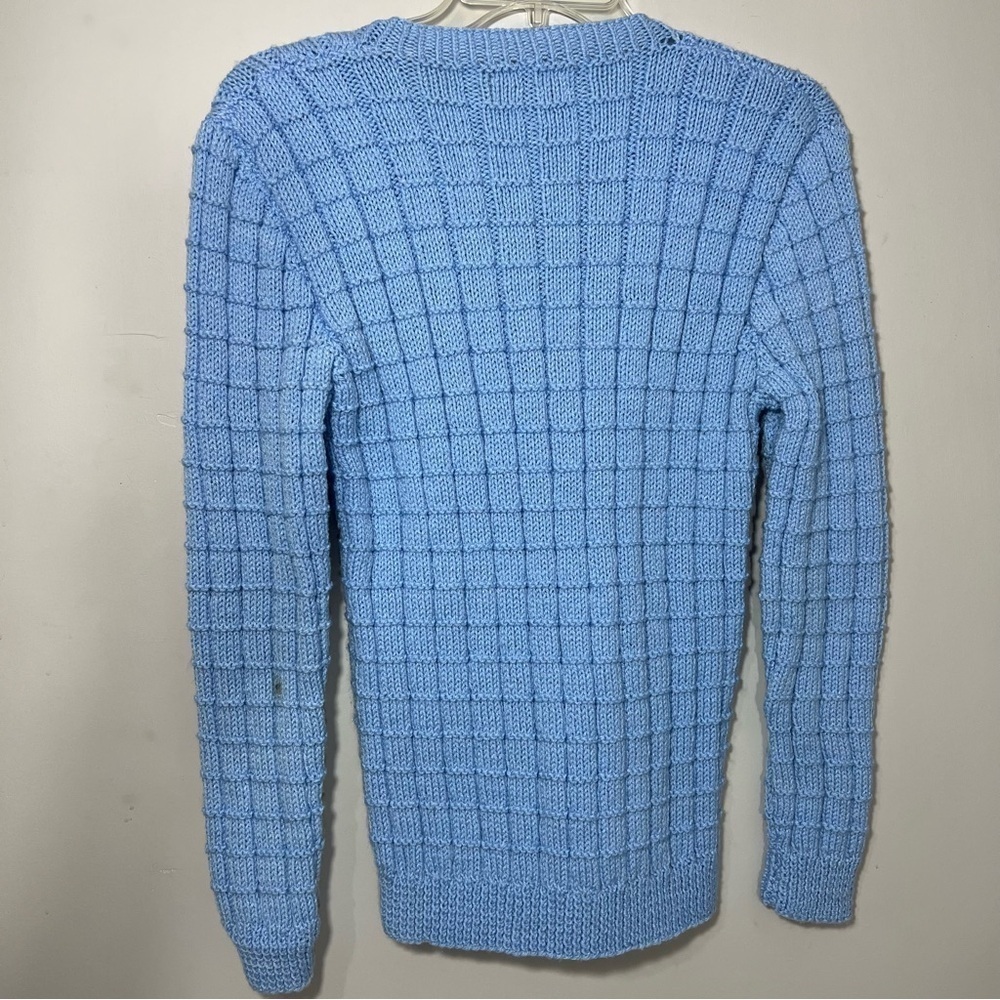 Vintage baby blue v-neck hand knit sweater textured stretchy acrylic top retro - Picture 6 of 13